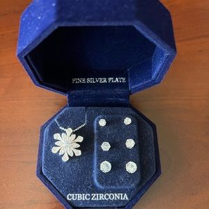 Silver Plated Cubic Zirconia Snowflake Pendant and Three Piece Earring Set